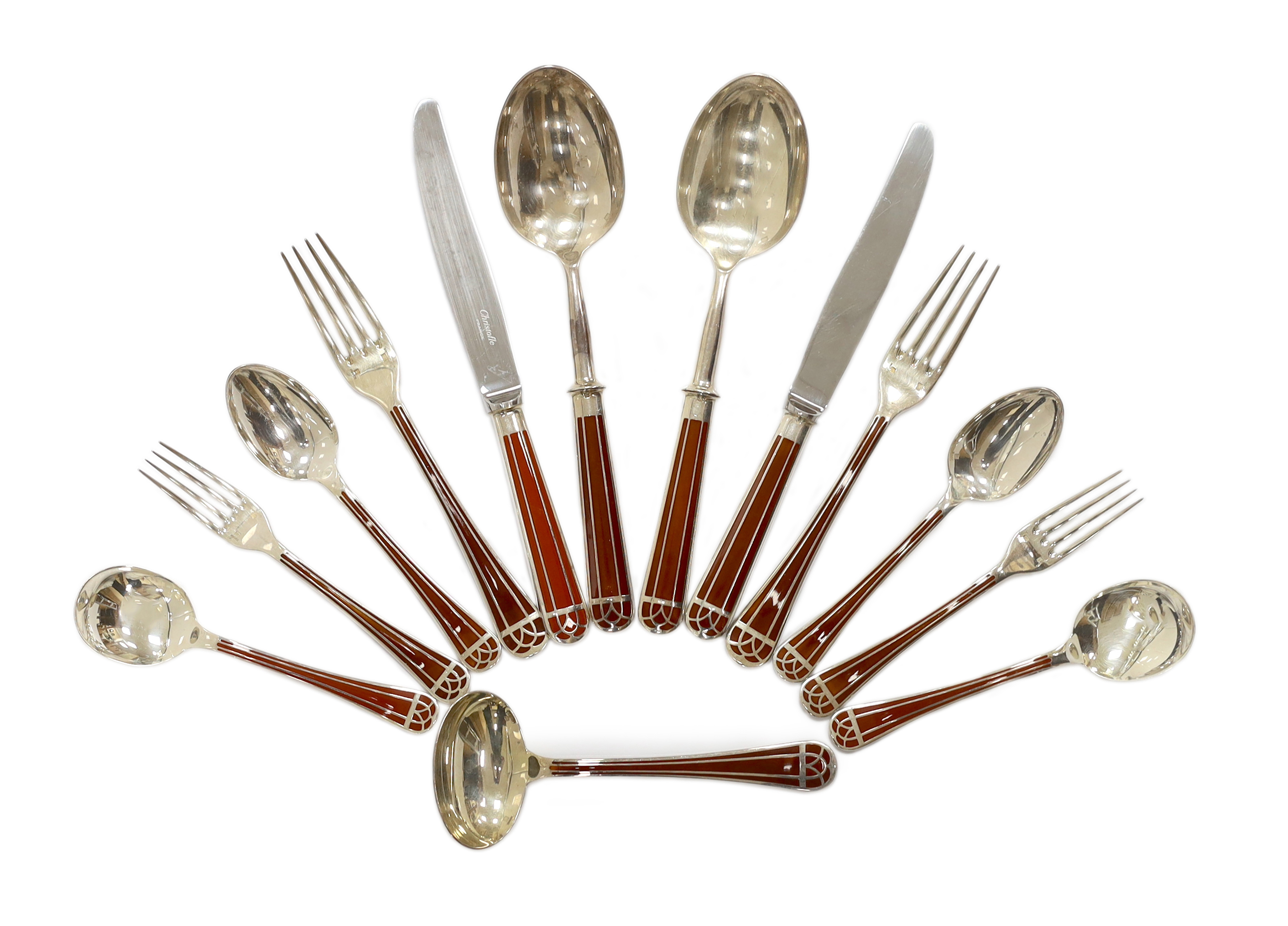 An almost complete canteen of modern Christofle silver plated and Chinese brown lacquer Talisman pattern cutlery for eight, designed by Bernard Yot